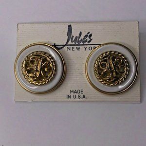 Jules New York Made USA Earrings NEW White Gold Tone Button Style 1980s